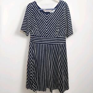 Dressbarn Women's Blue & Beige Ruffle Stripes Lined Dress